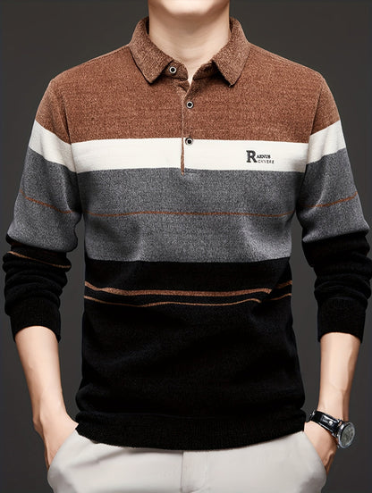 Herren Winter Polo-Pullover mit Kragen, gestreiftes Design und warmem Innenfutter