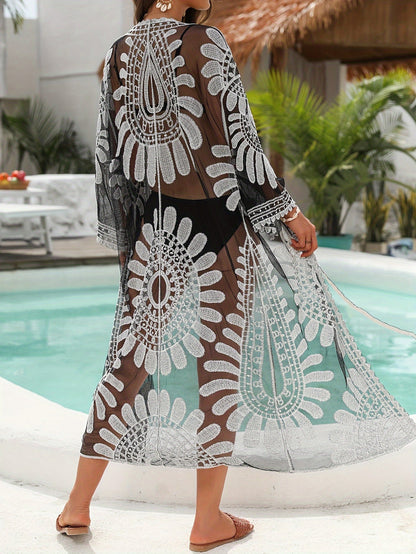 Damen Boho Kimono Strand Cover-Up mit Stickerei – Eleganter Badeponcho für den Pool oder Urlaub