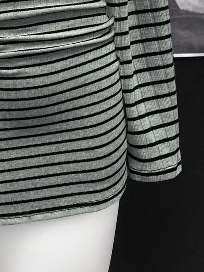 Damen Minikleid Off-Shoulder Gestreift Langarm Rippstrick