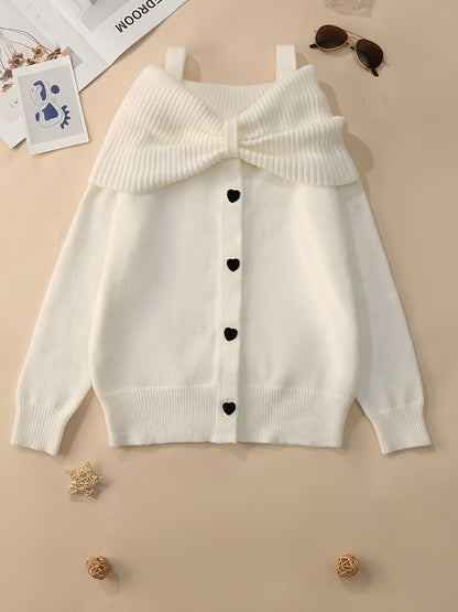 Damen Strickpullover Carmen-Ausschnitt mit Schleife und Herzknöpfen