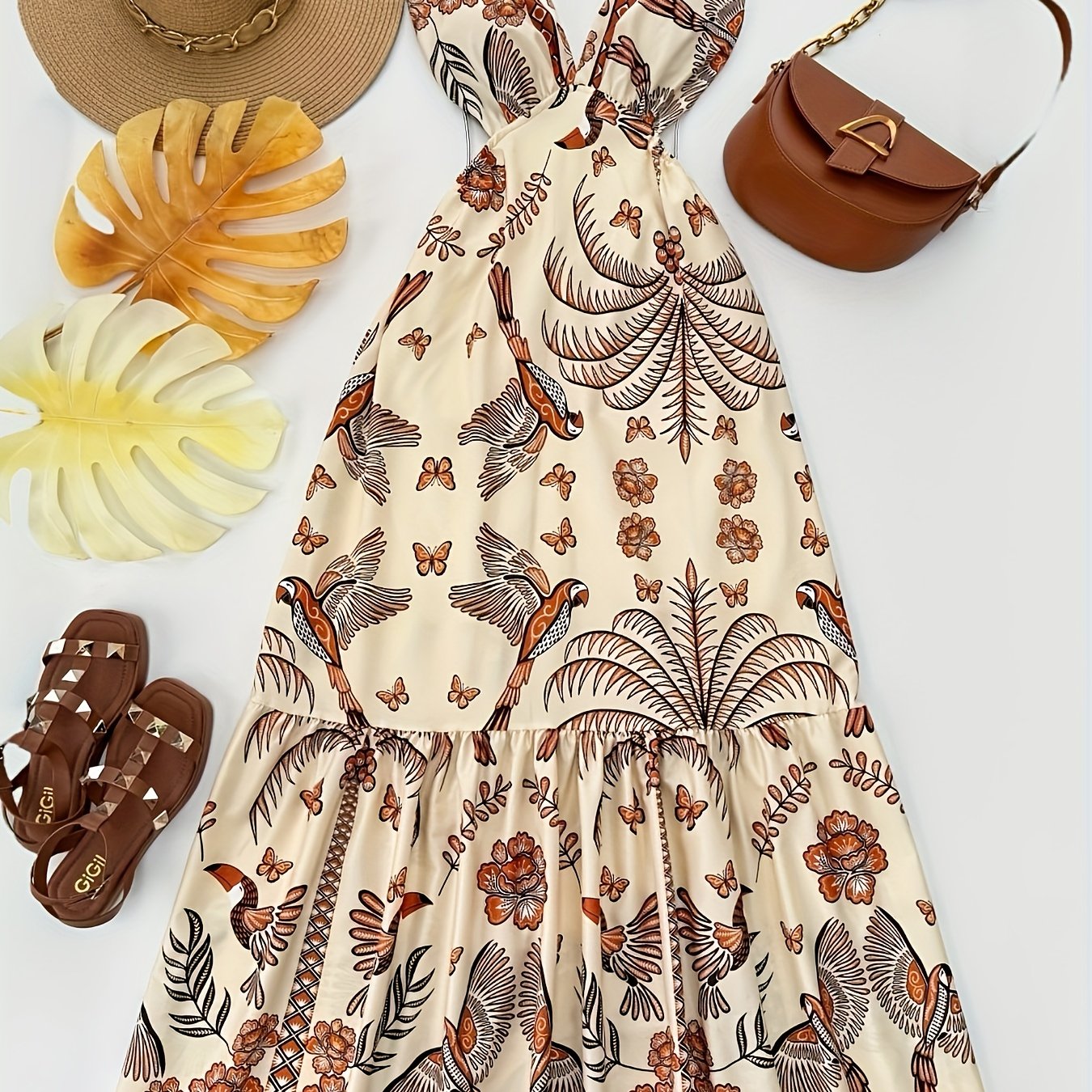 Damen Maxikleid mit Boho-Print und V-Ausschnitt – Für Urlaub und Sommerfeste