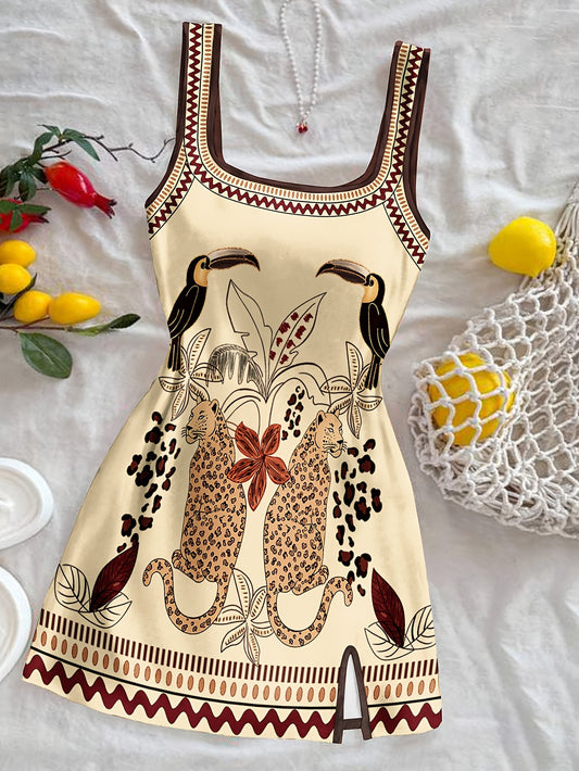 Damen Mini Kleid mit exotischem Tier-Print und modernem Schnitt – Sommerkleid für Urlaub & Freizeit
