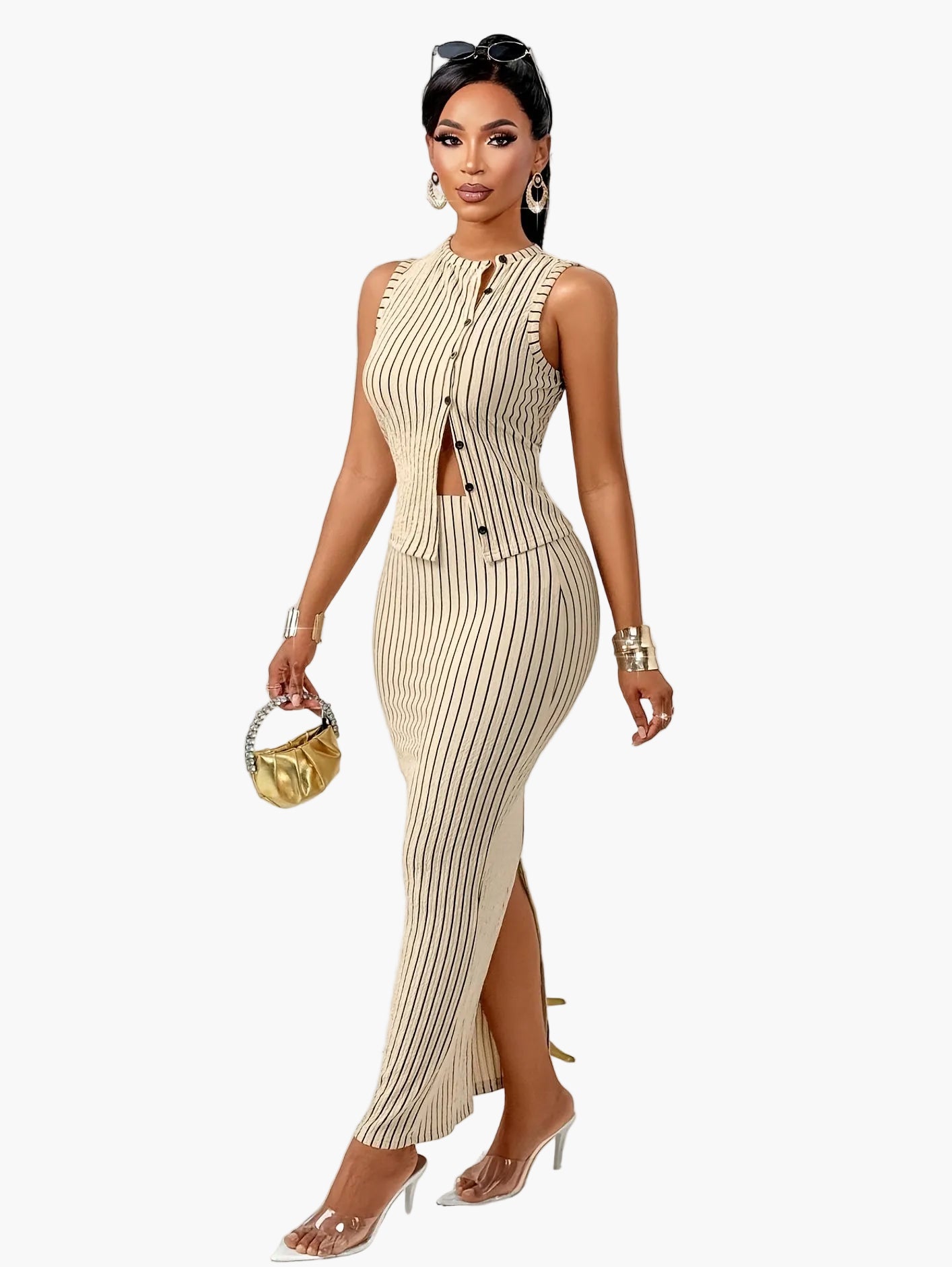 Damen Elegantes Gestreiftes Bodycon Kleid mit Knopfleiste – Perfekt für Büro & Events