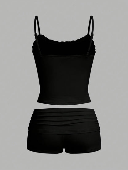 Damen Loungewear Set – Elegantes Spaghettiträger Top und Shorts für Zuhause & Freizeit