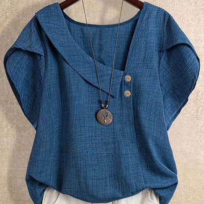 Damen Tunika Bluse mit asymmetrischem Ausschnitt und Knopfdetail – Künstlerischer Casual Look