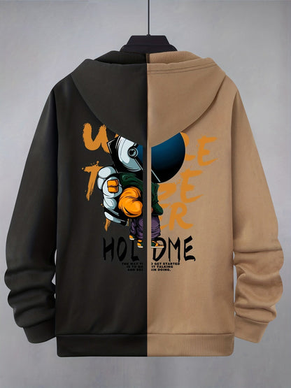Hoodie mit Reißverschluss, zweifarbig, Kapuze, Kängurutaschen, Motiv