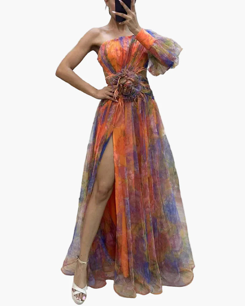 Damen Abendkleid One-Shoulder Maxikleid Elegant mit Schlitz und Federdetails – Perfekt für besondere Anlässe