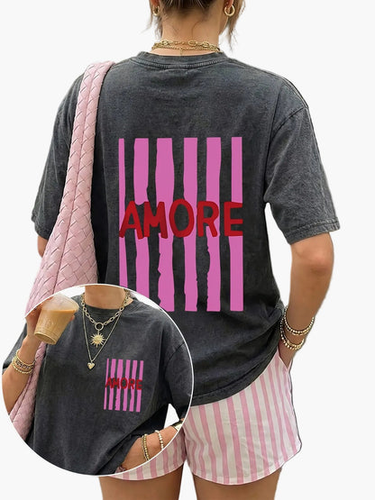 Damen Oversize Casual T-Shirt mit Print und Streifenshorts – Sommer Streetstyle Freizeitoutfit