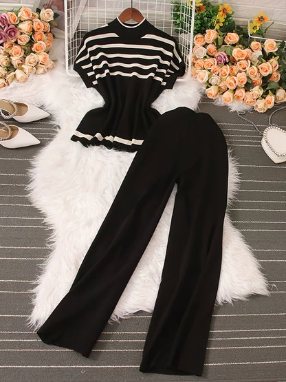 Damen Elegantes Streifen-Set mit weiter Hose und Kurzarm-Oberteil – Perfekt für Büro & Freizeit