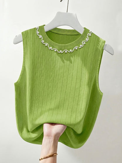 Damen Elegantes Stricktop mit Perlenbesatz – Ärmelloses Oberteil für modische Anlässe
