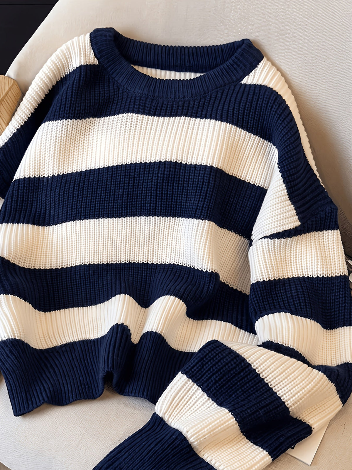 Damen Strickpullover Gestreift Schwarz Weiß Rundhals Oversize Ärmel