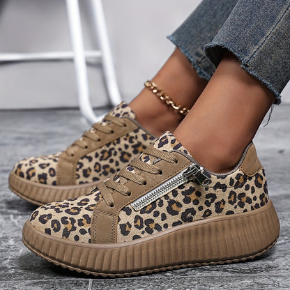 Damen Plateausneaker mit Leopardenmuster und Reißverschluss – Modische Freizeitschuhe für Alltag und Streetstyle
