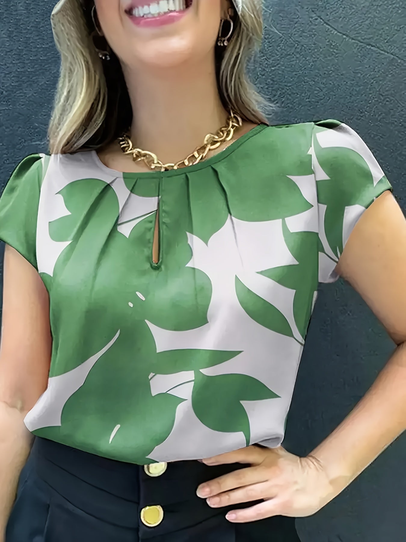Damen Bluse mit modernem Print, Kurzarm, eleganter Büro- und Freizeitstil