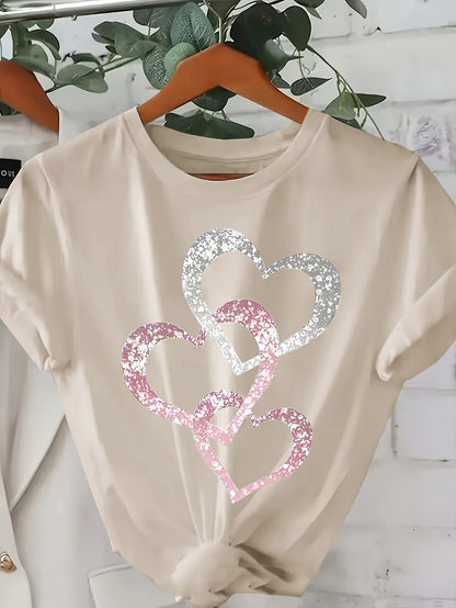 Damen T-Shirt mit Glitzer-Herzmotiv – Lockeres, modisches Freizeitshirt für Alltag & Sommer
