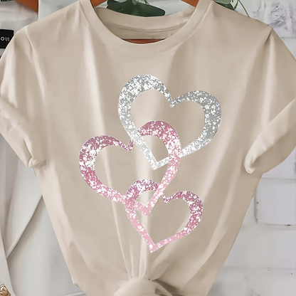 Damen T-Shirt mit Glitzer-Herzmotiv – Lockeres, modisches Freizeitshirt für Alltag & Sommer
