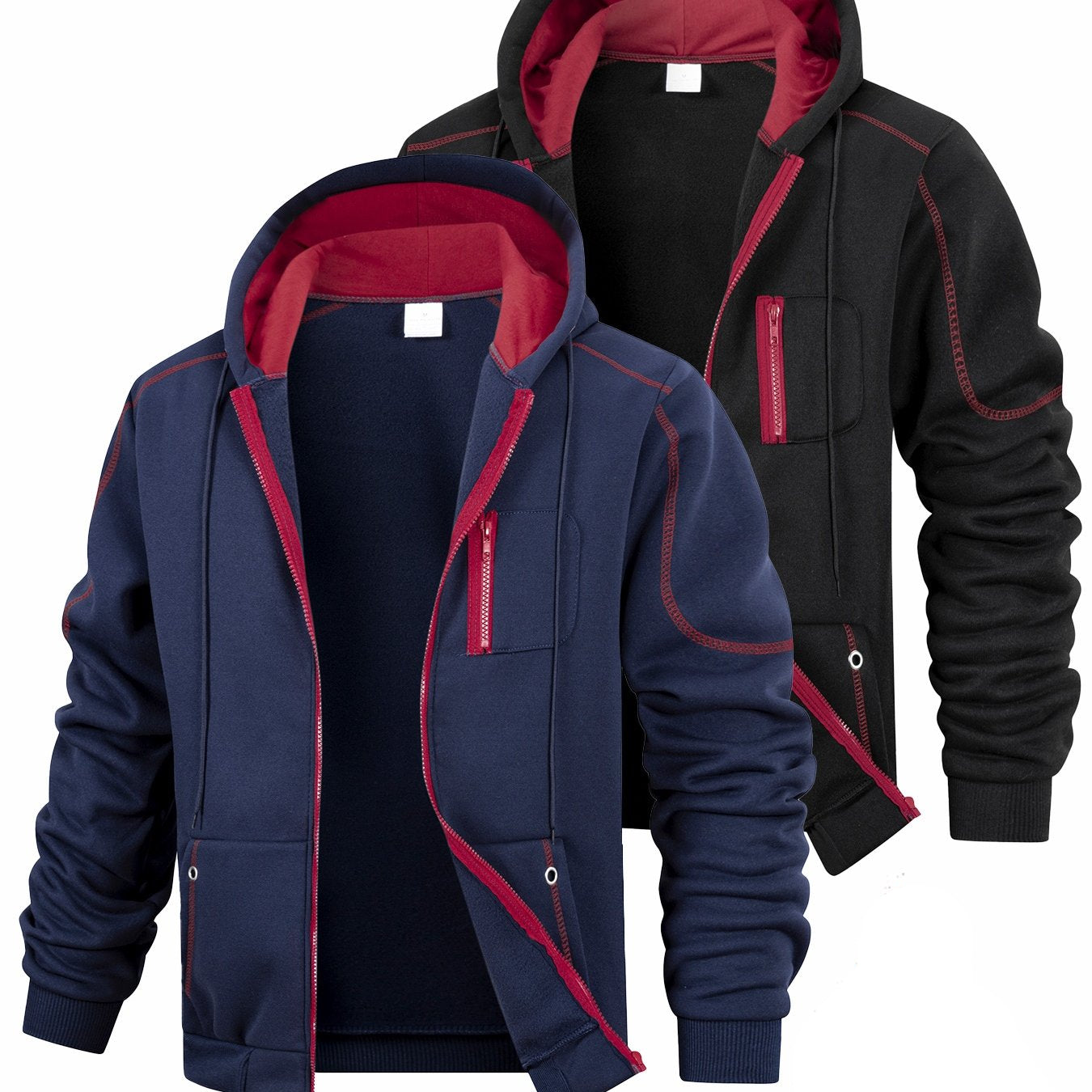 Herren Hoodie mit Reißverschluss 2er-Set, Kontrastnähte & Kapuze, Sport Freizeit