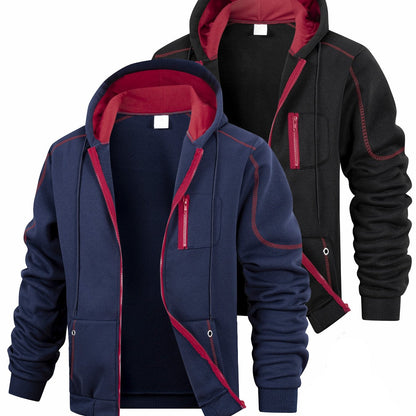 Herren Hoodie mit Reißverschluss 2er-Set, Kontrastnähte & Kapuze, Sport Freizeit
