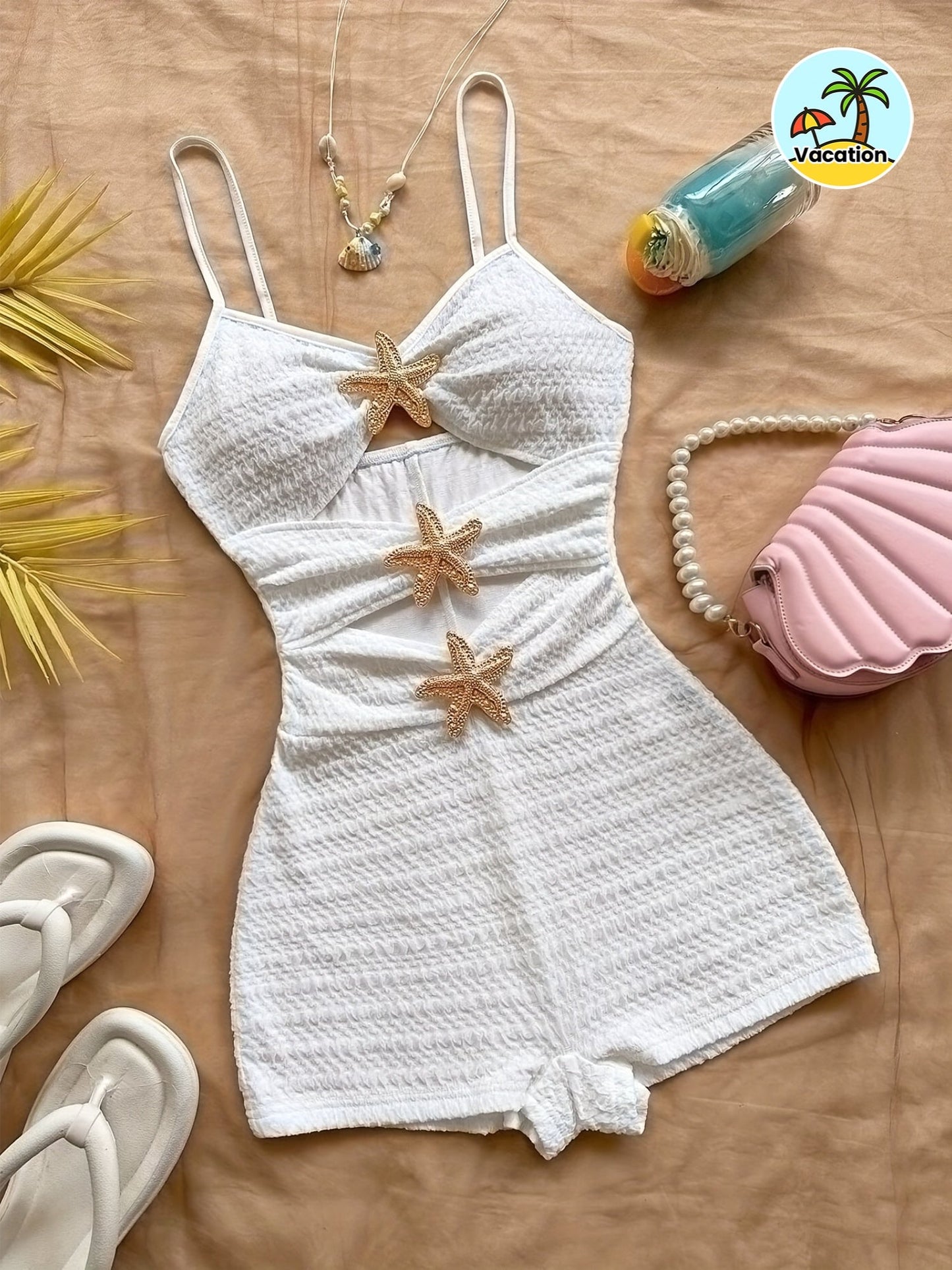 Damen Jumpsuit Einteiler mit Sternverzierung – Strandurlaub, Modernes Cut-Out Design, Romantischer Sommer-Look