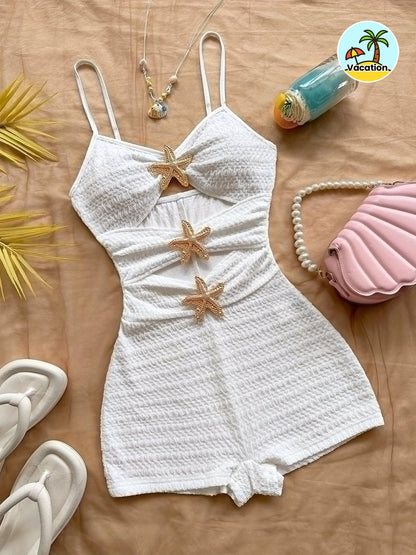 Damen Jumpsuit Einteiler mit Sternverzierung – Strandurlaub, Modernes Cut-Out Design, Romantischer Sommer-Look
