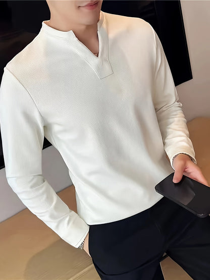 Herren Langarmshirt Henley Kragen Gerippt Weiß Freizeitshirt