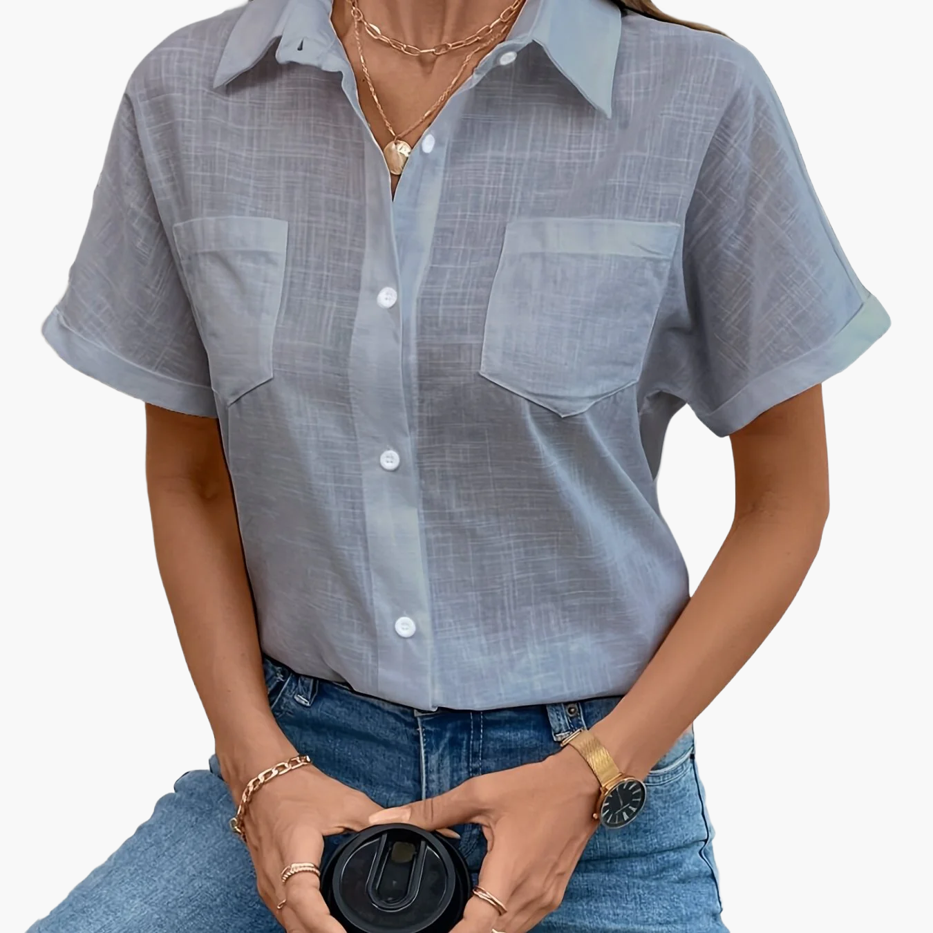 Damen Kurzarm Hemdbluse mit Vogelmuster – Modische Freizeitbluse für Alltag und Büro