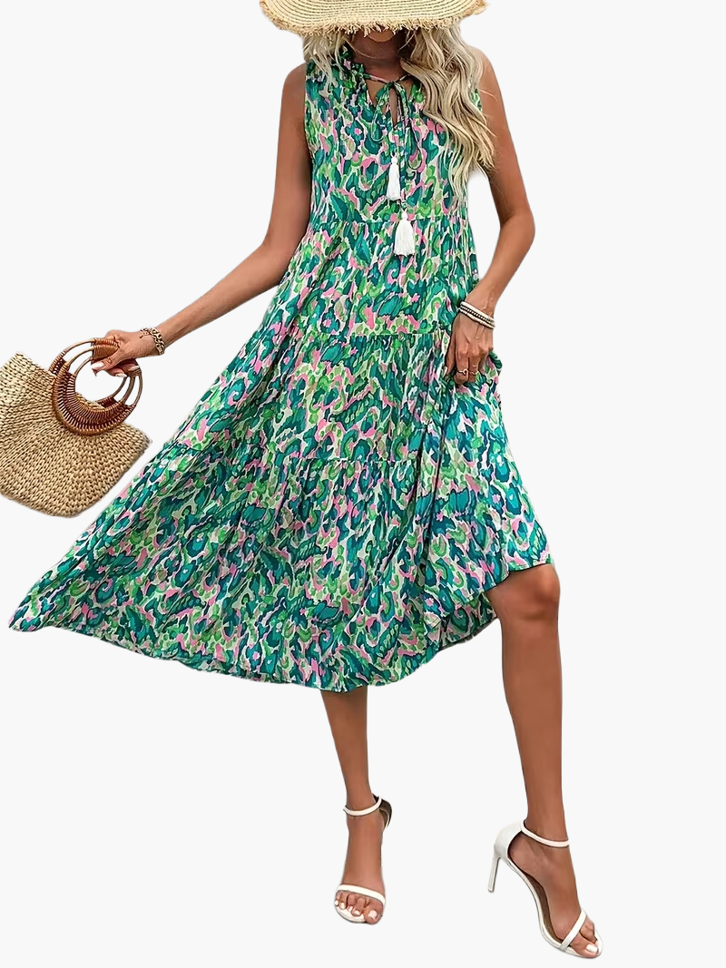 Damen Sommerkleid Elegant Boho Style Ärmellos Midi Freizeitkleid mit Kordel und Quasten