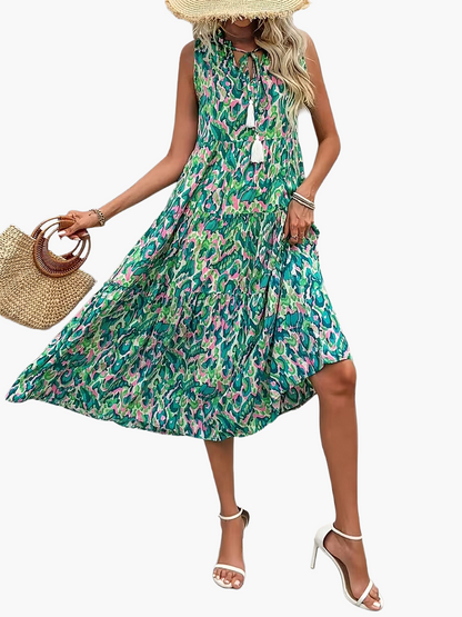 Damen Sommerkleid Elegant Boho Style Ärmellos Midi Freizeitkleid mit Kordel und Quasten