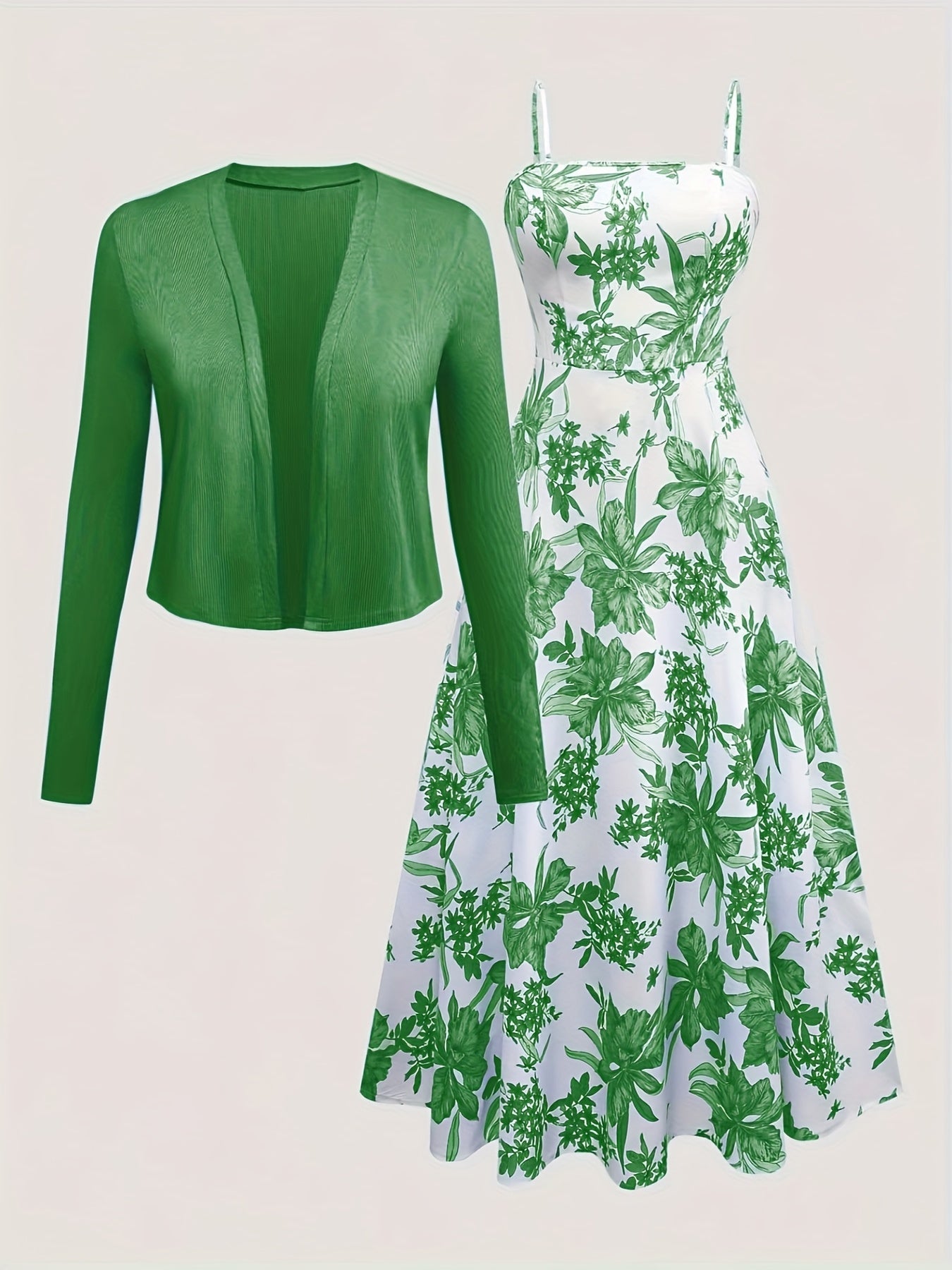 Damen Midikleid mit Blumenmuster und Cardigan – Elegantes Freizeit-Outfit Set für Frühling & Sommer