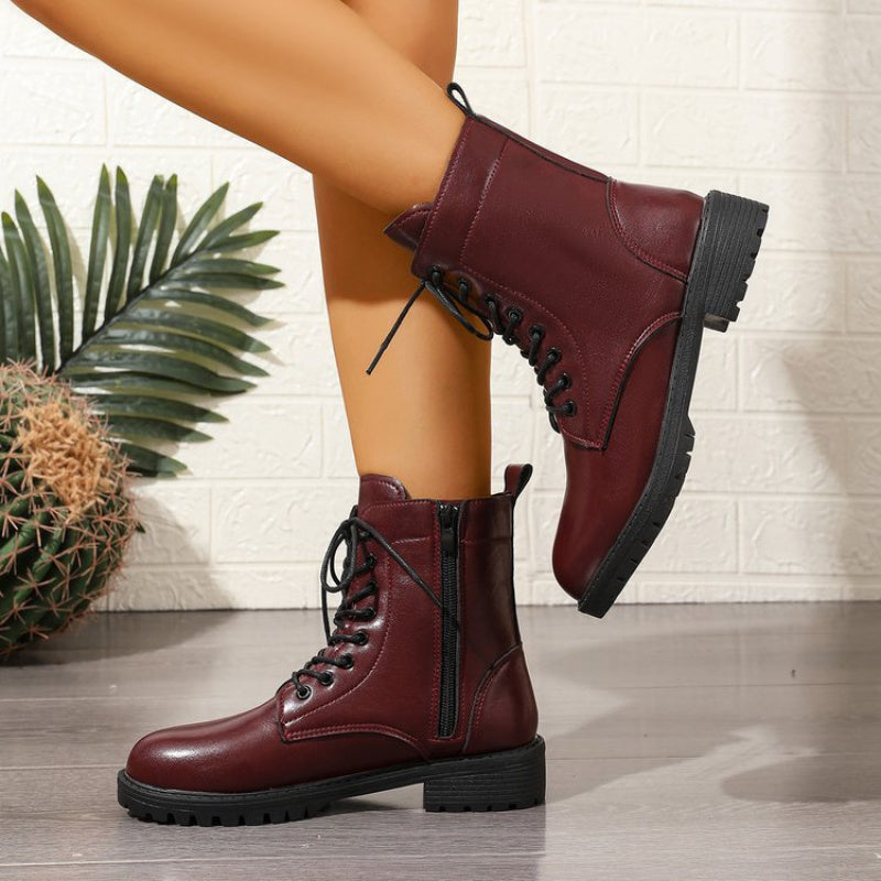 Damen Schnürstiefeletten Burgund mit Reißverschluss und Profilsohle
