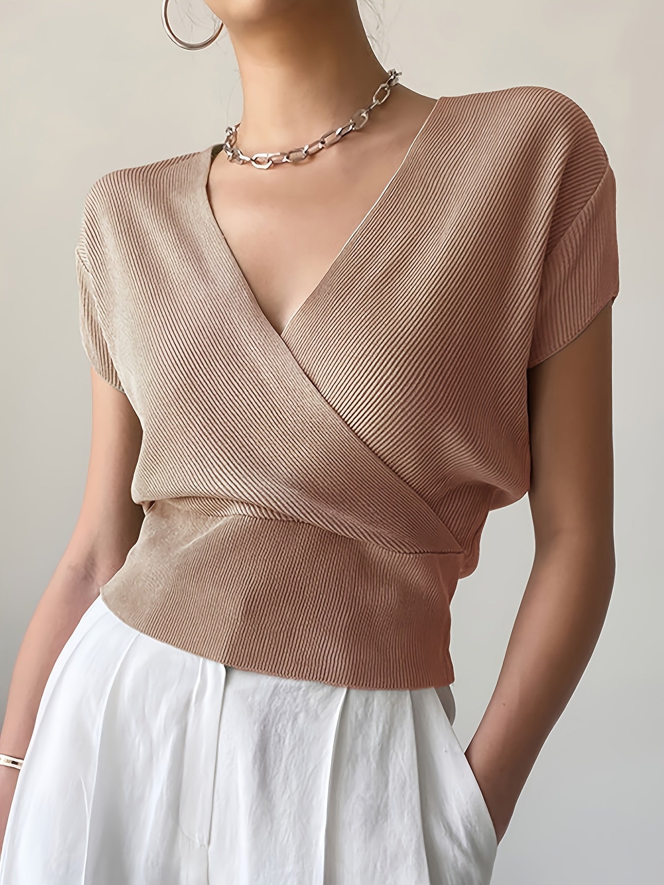Damen Wickelshirt mit V-Ausschnitt – Eleganter Sommer Pullover Kurzarm für Freizeit & Büro