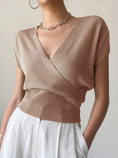 Damen Wickelshirt mit V-Ausschnitt – Eleganter Sommer Pullover Kurzarm für Freizeit & Büro