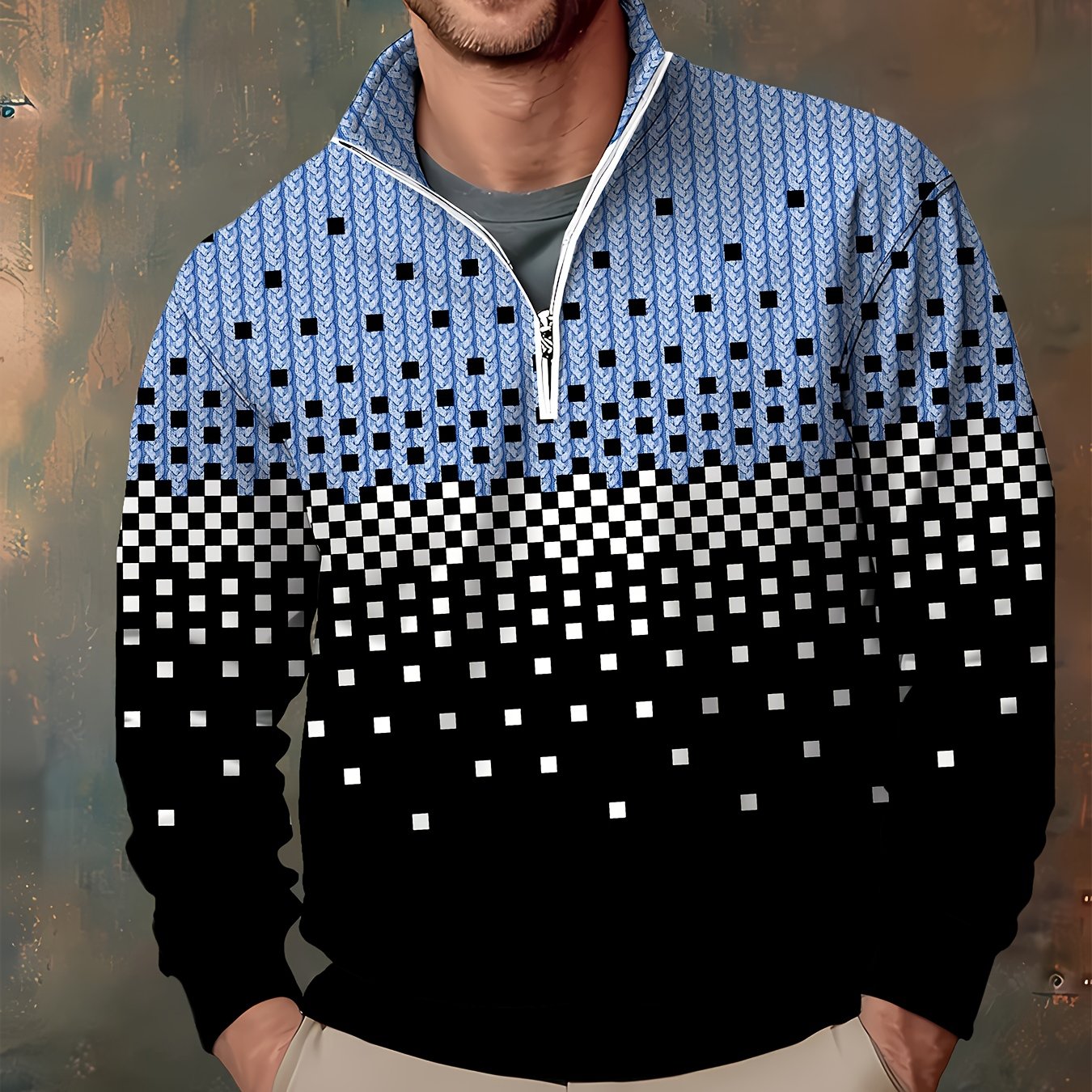 Herren Halb-Reißverschluss Pullover mit Farbverlauf und Muster, Langarm