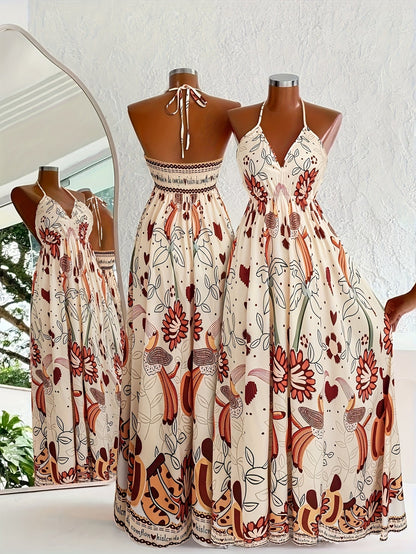 Damen Boho Maxikleid mit Halterneck und Grafikprint für Urlaub und Sommerfeste
