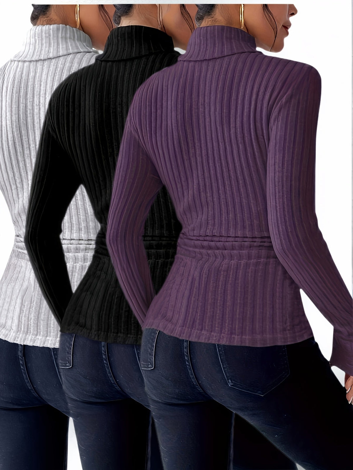 Damen Geripptes Langarm-Shirt mit Rollkragen, Schwarz