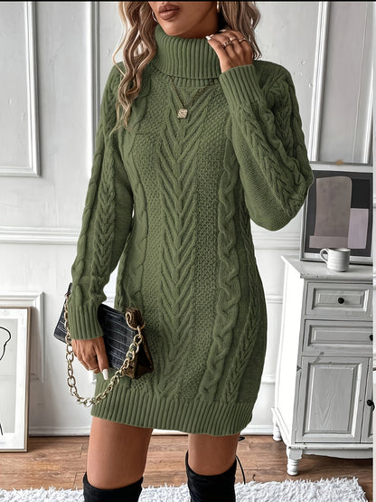 Strickkleid Damen Rollkragen Zopfmuster Langarm Minikleid Rippbündchen