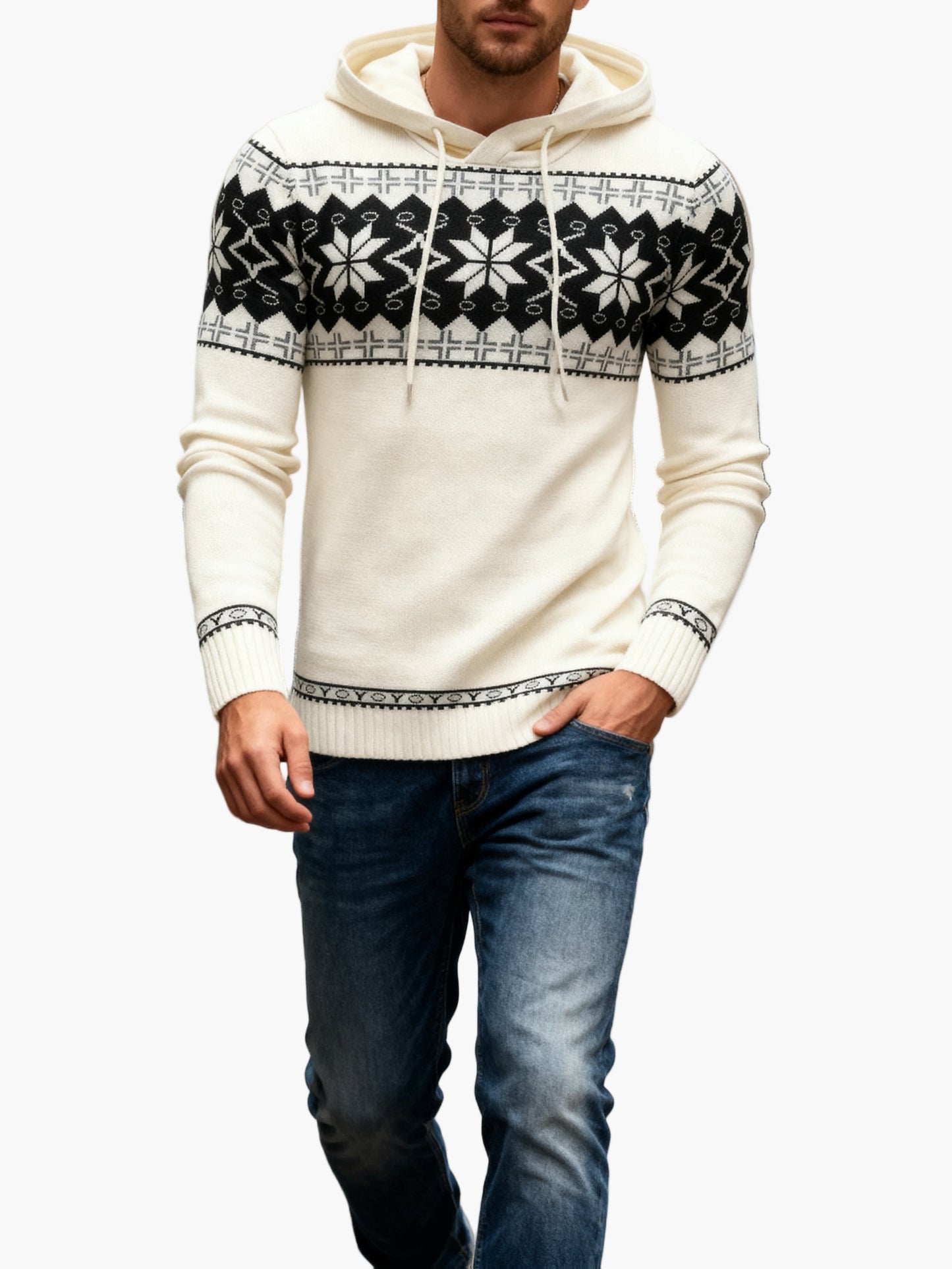 Herren Strickpullover mit Kapuze und Norweger-Muster – Casual Winterpulli für Freizeit & Alltag