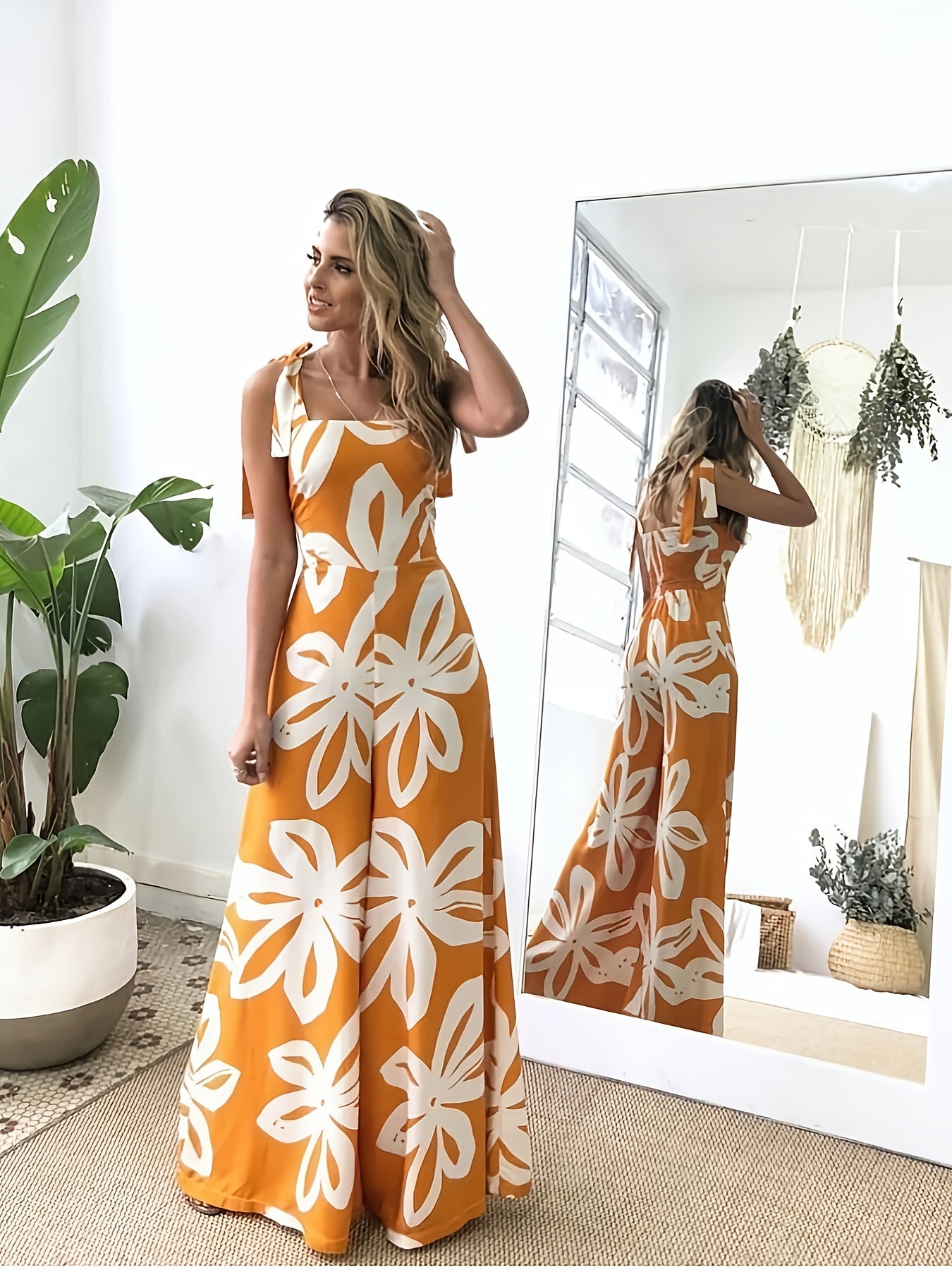 Damen Sommer Maxikleid Elegant mit Blumenmuster und Schleifen-Trägern – Perfekt für Urlaub, Gartenparty & Alltag