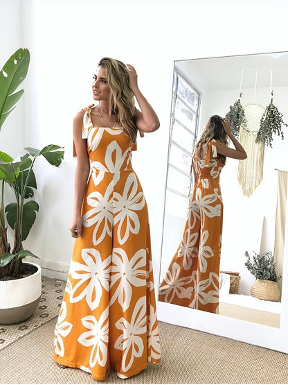 Damen Sommer Maxikleid Elegant mit Blumenmuster und Schleifen-Trägern – Perfekt für Urlaub, Gartenparty & Alltag