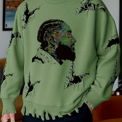 Herren Pullover Rundhals mit Ripped-Details und Grafik-Print, Langarm Strickpullover