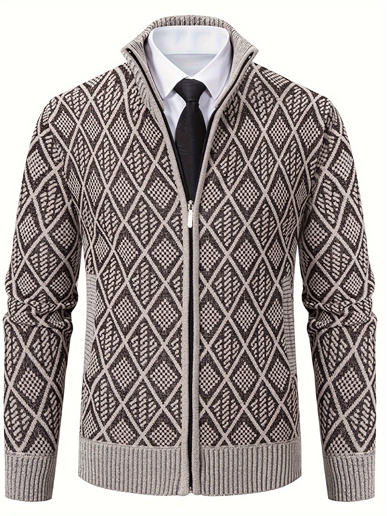 Herren Strickjacke Rautenmuster Stehkragen Reißverschluss Feinstrick Casual