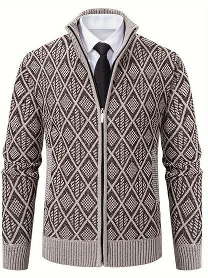 Herren Strickjacke Rautenmuster Stehkragen Reißverschluss Feinstrick Casual
