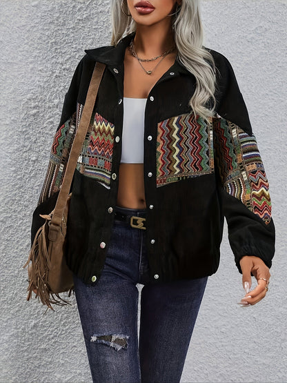 Damen Cordjacke Schwarz mit bunten Mustereinsätzen Jacke