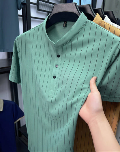 Herren Kurzarm-Hemd mit Stehkragen und Nadelstreifen – Modernes Freizeit- und Business-Outfit