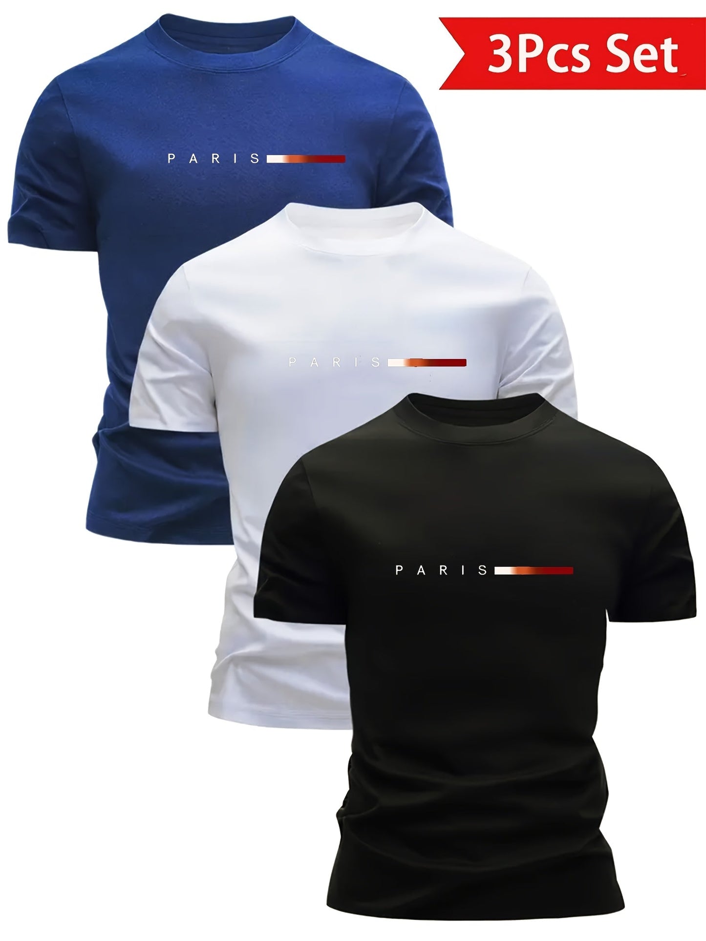 Herren T-Shirt 3er Set – Modernes Paris Print Design, Rundhals, Alltag & Freizeit