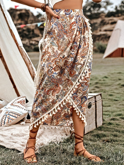 Damen Boho-Wickelrock mit Paisley-Muster und Quasten, Midi, Vintage-Stil, Elegant für Freizeit und Urlaub