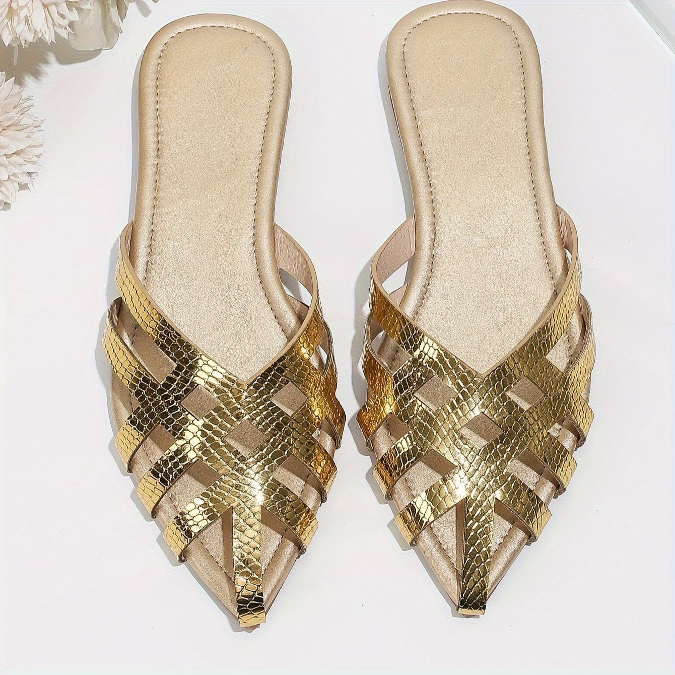 Damen Elegante Slip-On Pantoletten mit Geflochtenem Design und Spitzkappe – Stilvolle Flache Mules für Alltag und Anlass