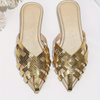 Damen Elegante Slip-On Pantoletten mit Geflochtenem Design und Spitzkappe – Stilvolle Flache Mules für Alltag und Anlass