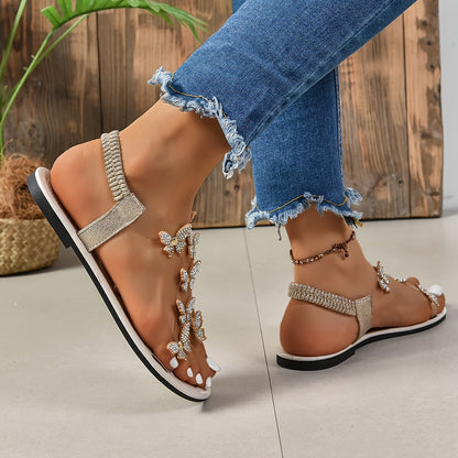 Damen Sandalen mit Schmetterlingsapplikationen – Flache, elegante Sommerschuhe für Freizeit und Events