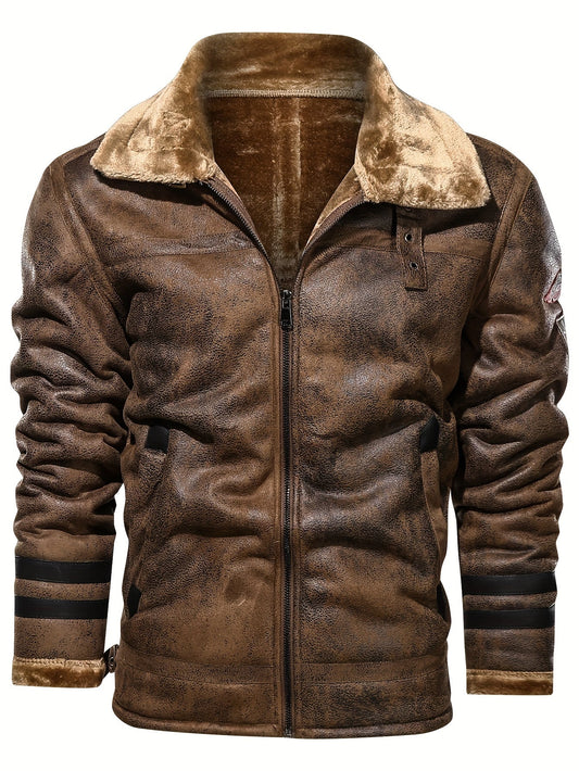 Herren Jacke mit Kunstfellkragen und Reißverschluss – Pilotenstil, Braun/Schwarz