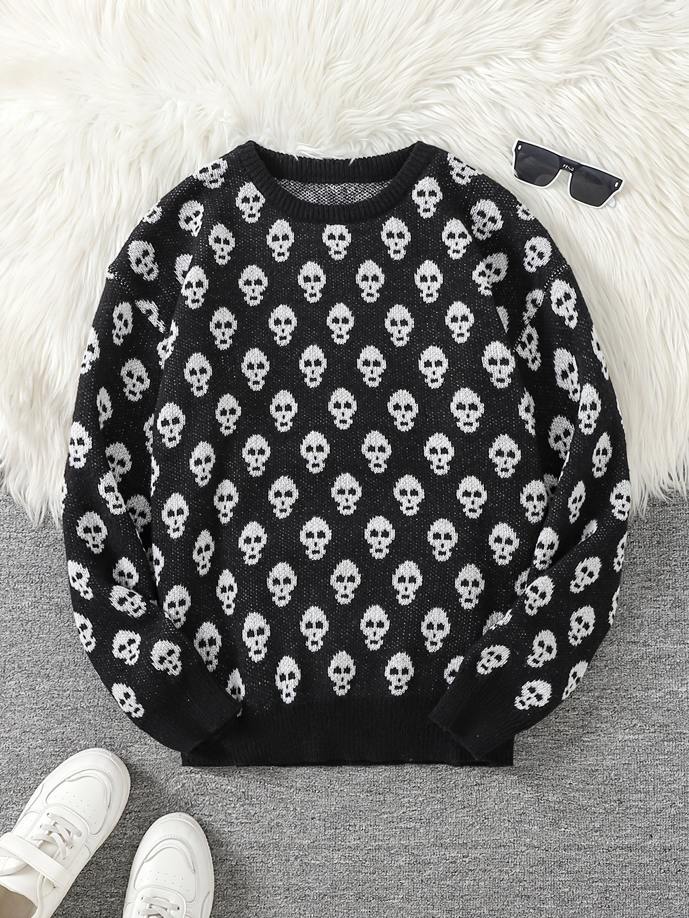Unisex Pullover mit Totenkopfmuster Strick Rundhals Langarm Strickpullover